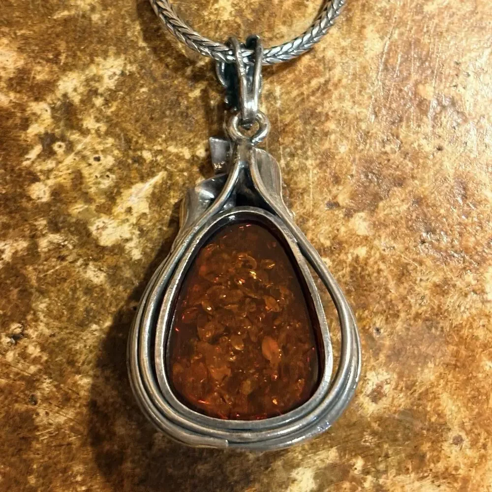 Sterling Silver & Baltic Amber Pendant w/ Calla Lily Designs 25 Inches Fox Tail